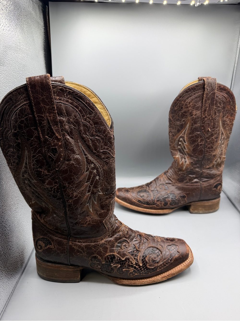 Corral Cowboy Boots Vintage 10 M Men’s Square Toe Brown Print Leather Western
